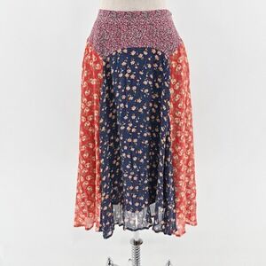 Anthropologie Mixed Floral Midi Skirt in Navy, Red & Pink